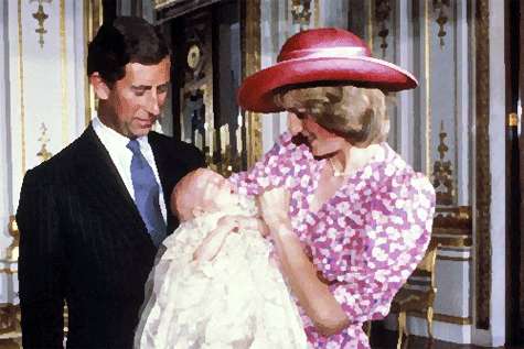 Diana de Gales, en presencia de Carlos de Inglaterra, con Guillermo recién nacido en sus brazos.