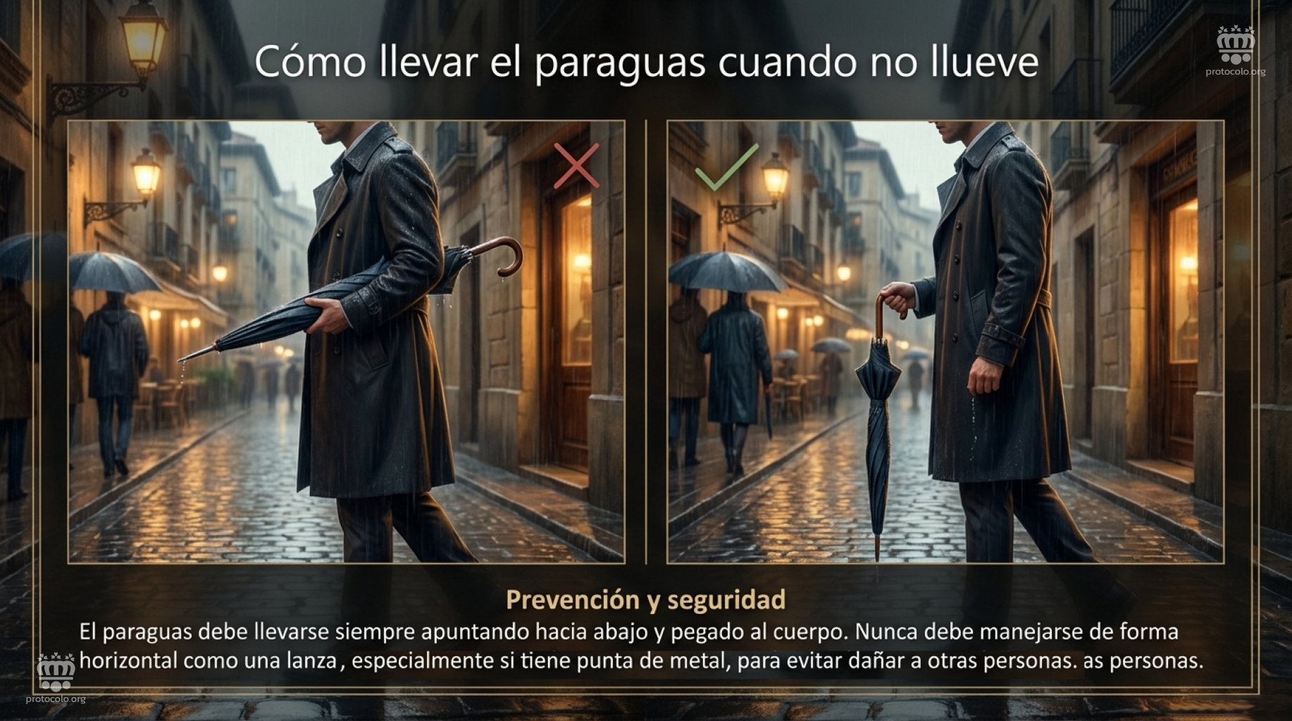 El paraguas cerrado se debe llevar a modo de bastón no de lancero medieval