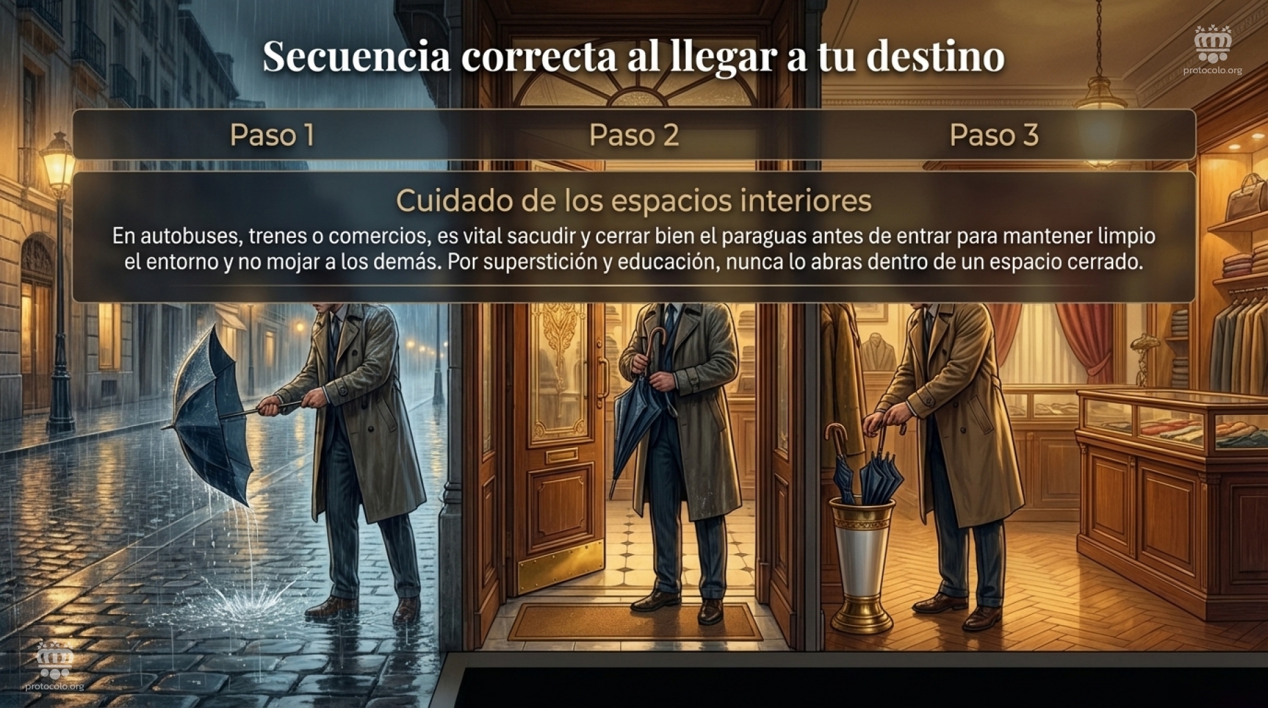 No se debe sacudir o cerrar un paraguas dentro de un sitio cerrado