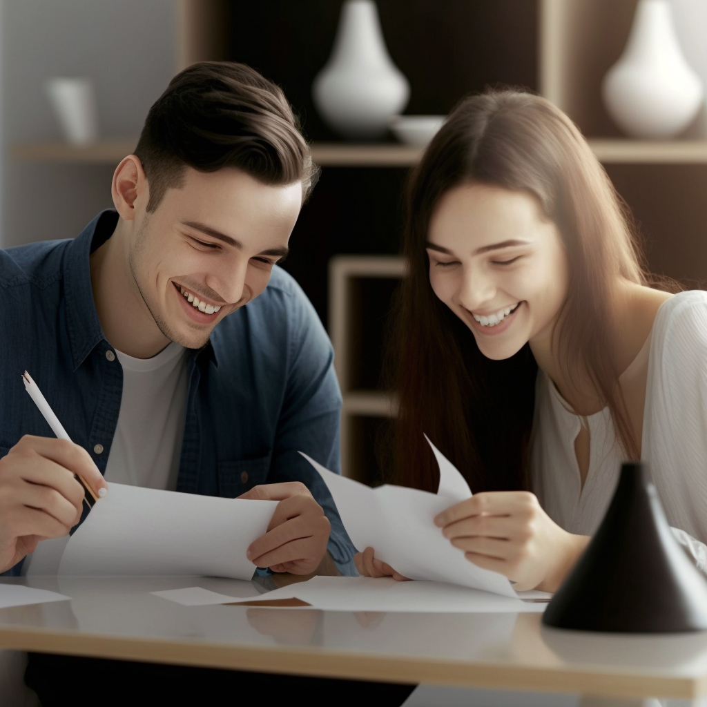 Pareja escribiendo las invitaciones a su boda