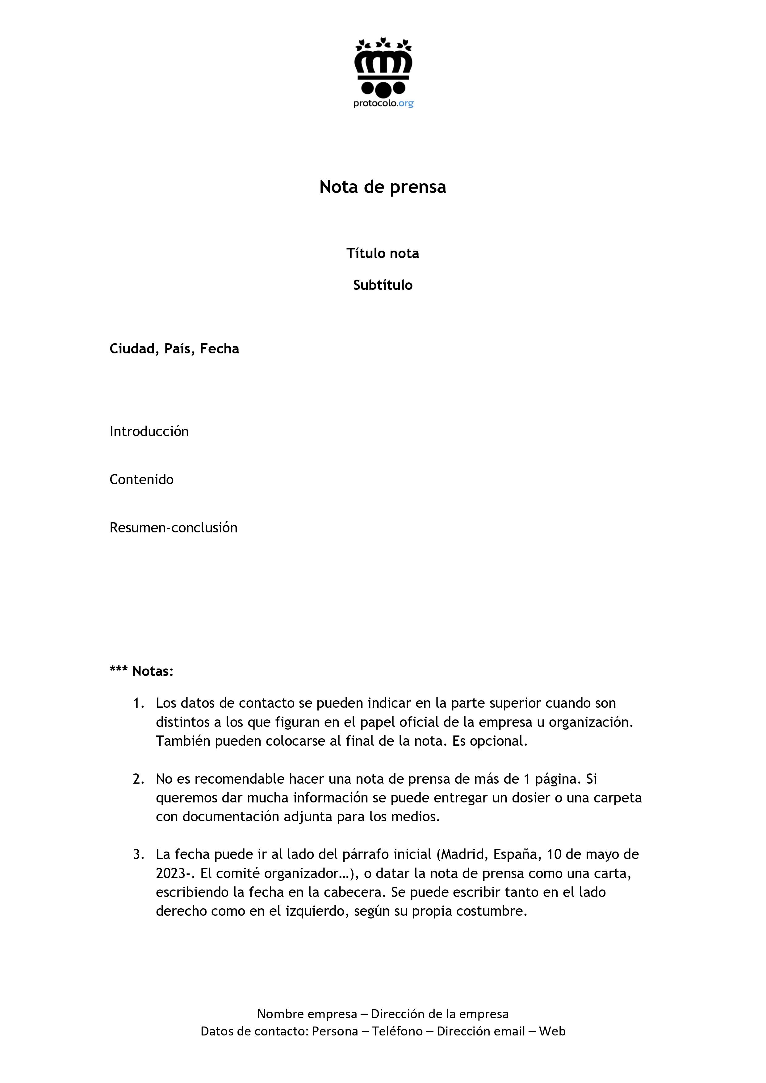 Documento modelo. Ejemplo nota de prensa sencilla