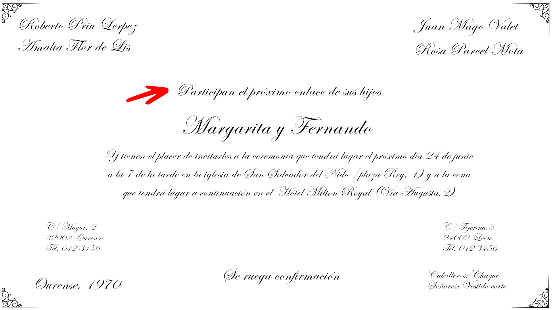 Se coloca el texto centrado en la parte central de la invitación de boda