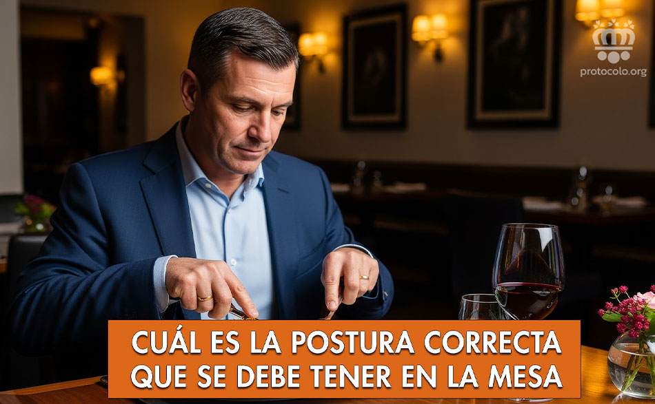 La postura correcta que se debe tener en la mesa. En la mesa hay que estar bien derechos, pero no tiesos como un palo