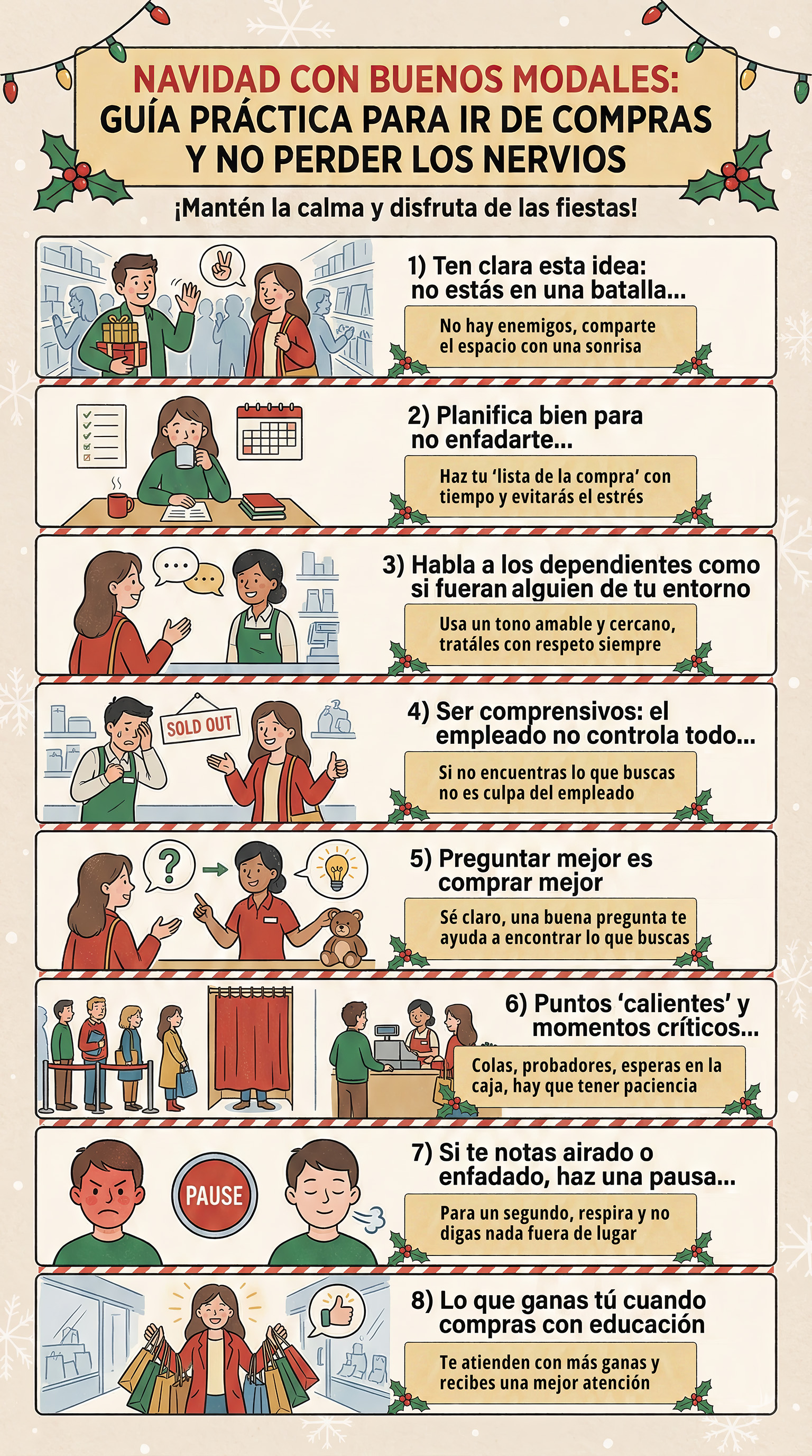 Infografía Navidad con buenos modales: guía práctica para comprar con calma y tratar bien a quien te atiende. Navidad y compras: cómo tratar a los dependientes con respeto y cordialidad