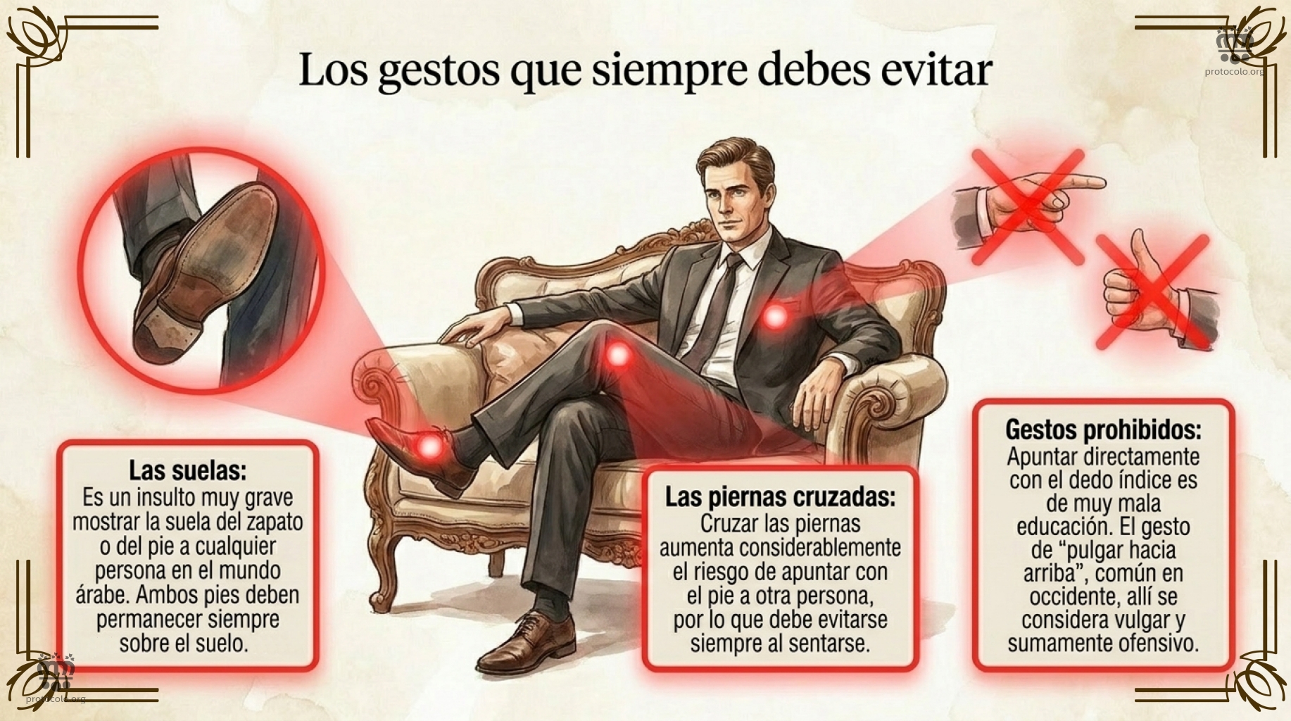 El más conocido es no enseñar la suela del zapato o apuntar con la punta del pie