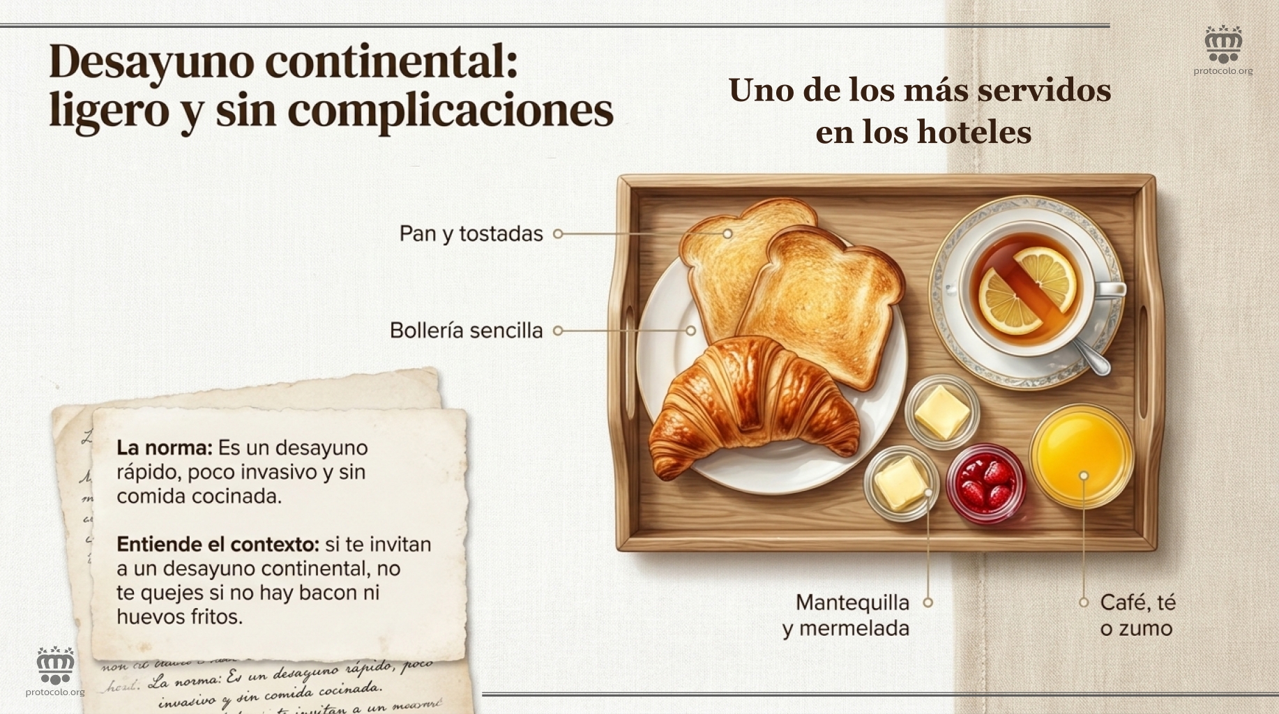 Desayuno continental: ligero y sin complicaciones. Uno de los más servidos en los hoteles