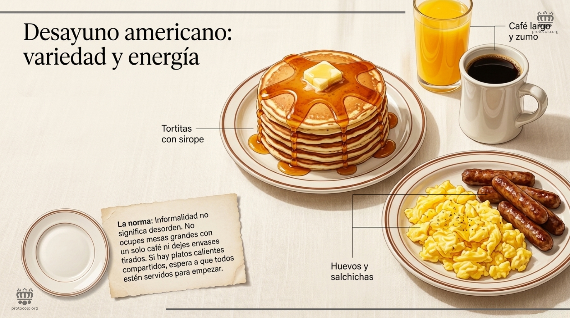 Desayuno americano Una buena subida de azúcar. Panqueques, salchichas, donas, sirope....