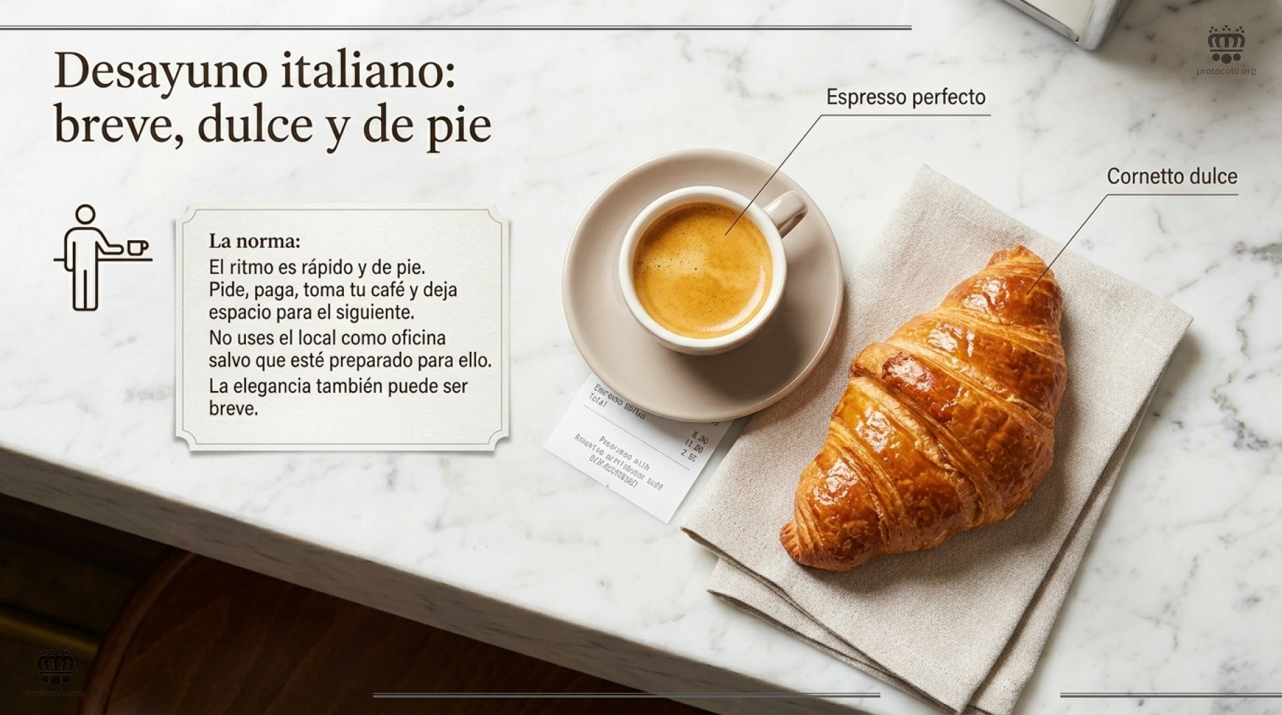 Desayuno italiano: rápido y ligero. Se suel desayunar en la barra del bar
