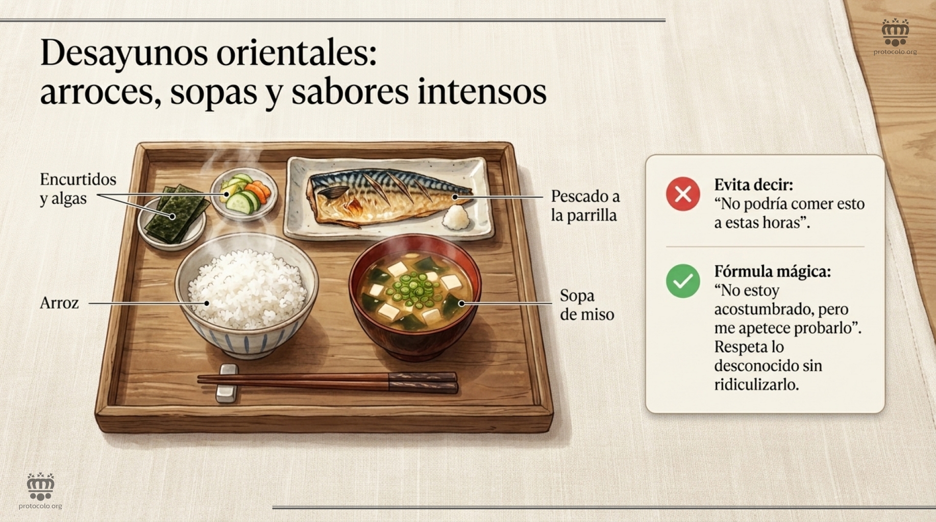 Desayunos orientales: Lo salado y los distinto a occidente. Sopas, arroz, algas, encurtidos... muy diferente a cualquier otro desayuno