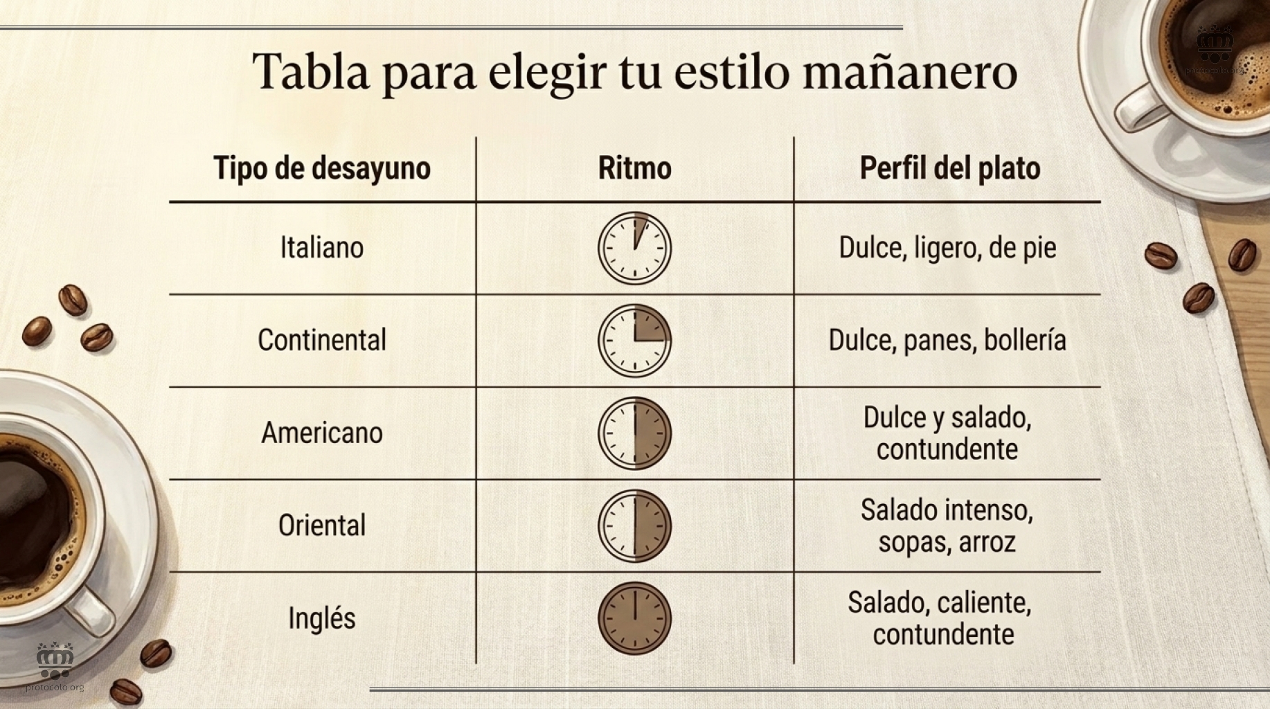 La velocidad a la que se se suele tomar cada desayuno. Desde la rapidez del italiano al más tranquilo desayuno inglés