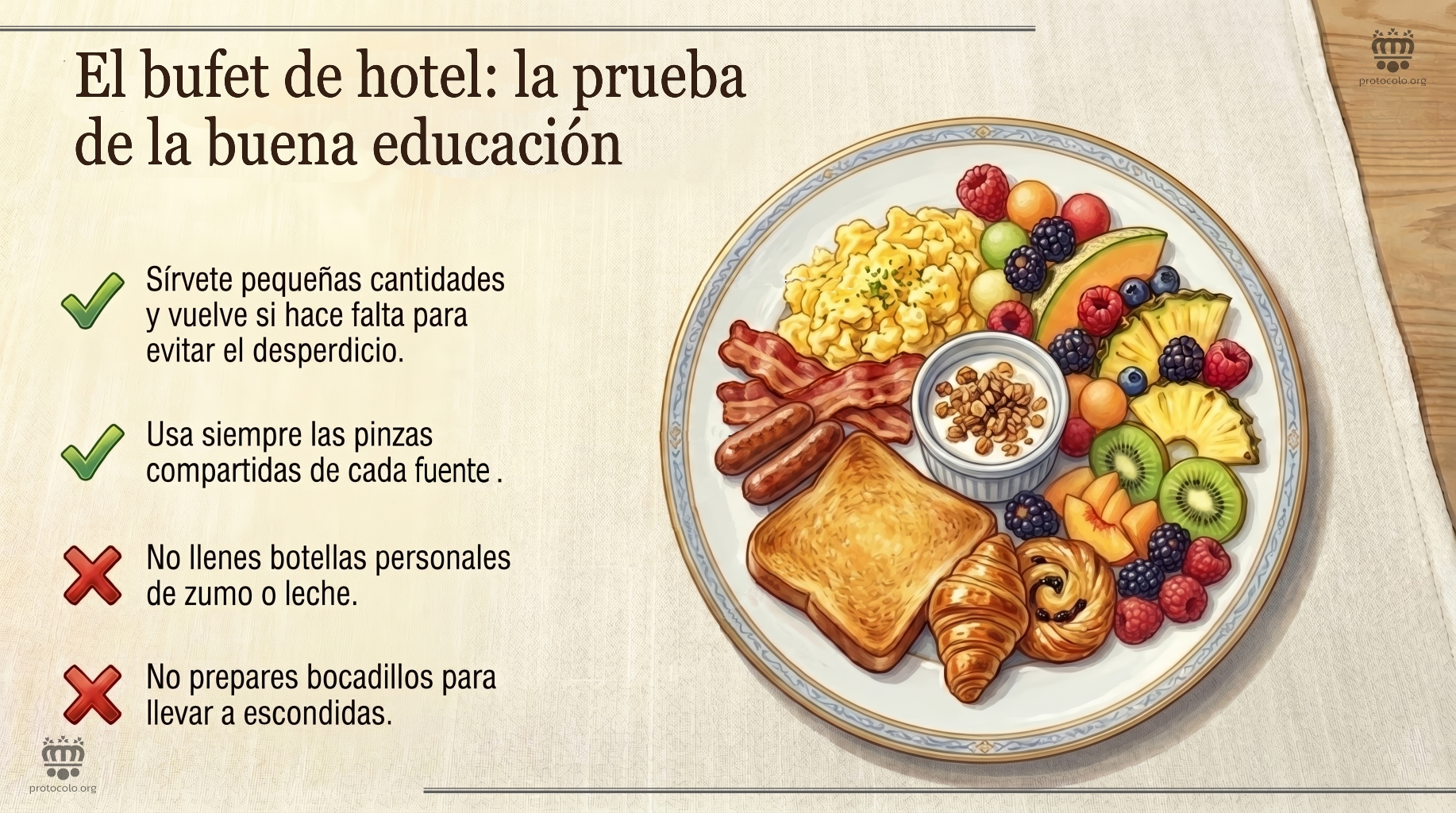 El desayuno bufé de un hotel es una prueba de la buena educación de las personas. Que haya muchas cosas y en mucha cantidad no significa abusar a la hora de servirse