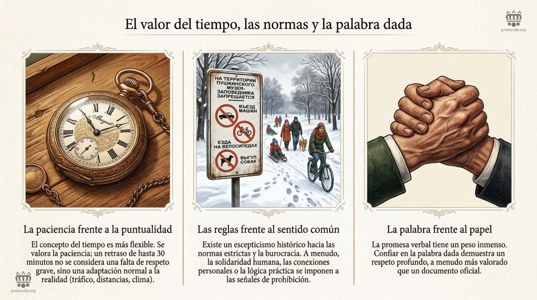 El valor del tiempo, las normas y la palabra dada. La paciencia frente a la puntualidad y la palabra frente al papel