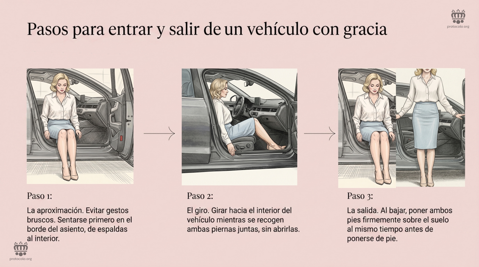 Entra y salir de un automóvil con cierta gracia y elegancia. Evitar los gestos bruscos y juntar las piernas tanto al subir como al bajar del automóvil