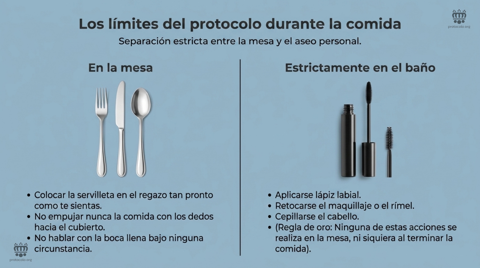Los límites del protocolo social durante las comidas. Hay que separar las actividades propias de la mesa a la hora de comer del resto de actividades