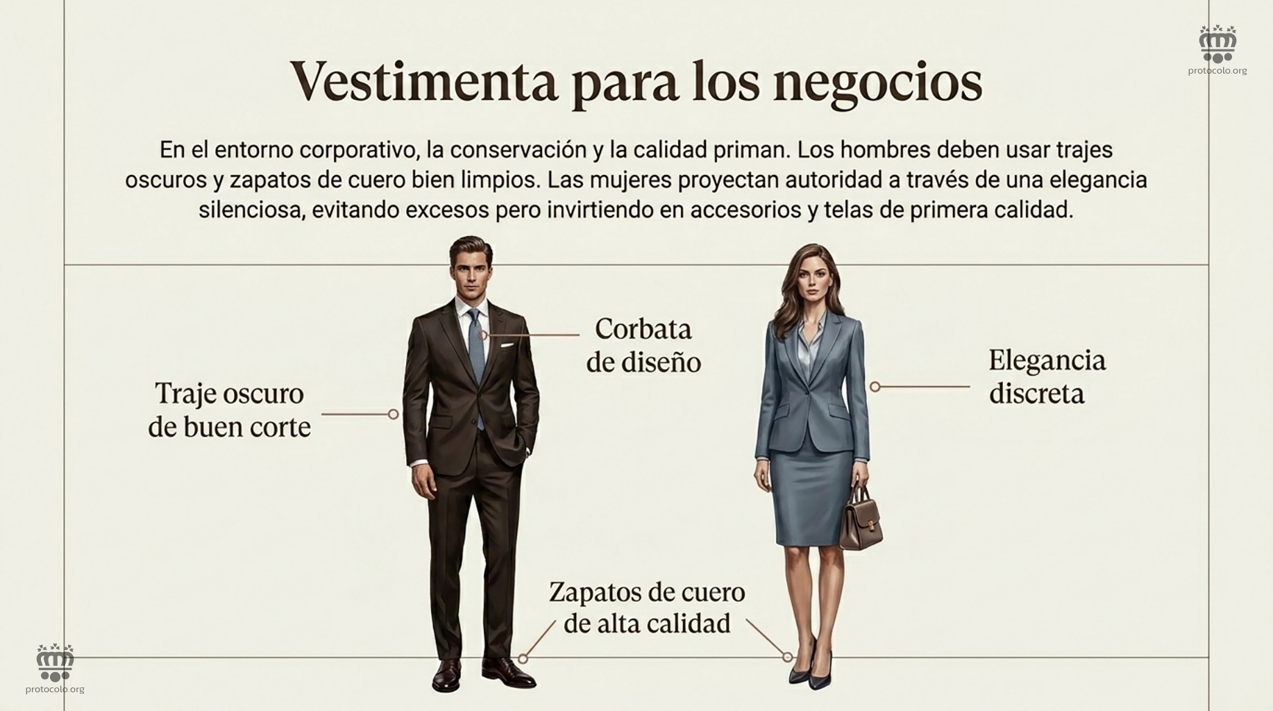 Vestimenta para los negocios para el hombre y para la mujer. La forma de vestir es elegante, pero también suele ser bastante clásica