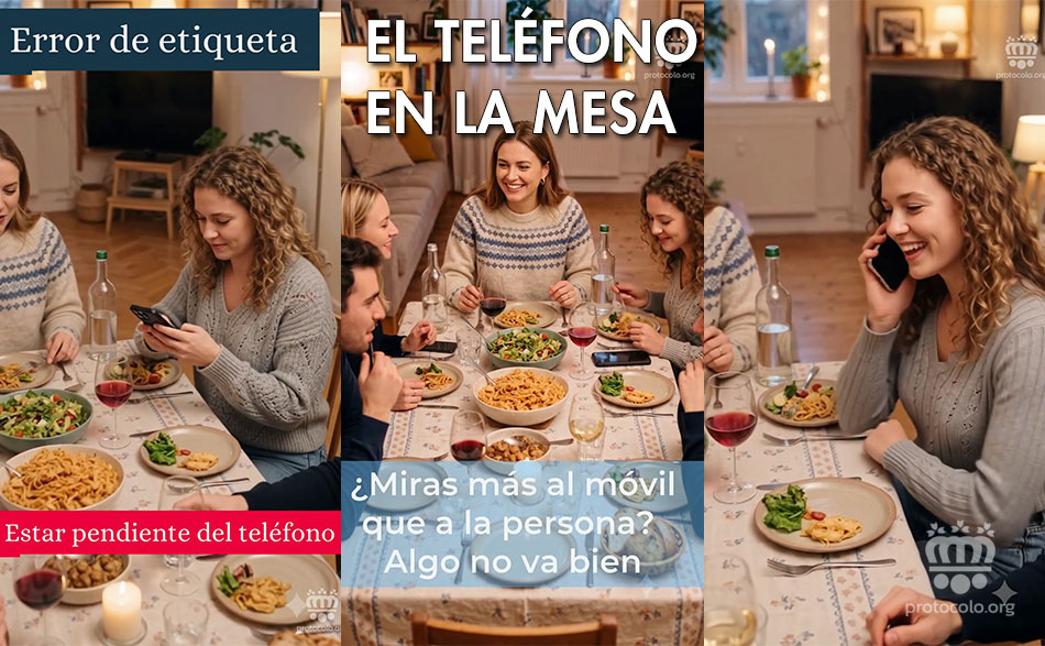 El teléfono no debe estar en la mesa ni tampoco en modo en modo que se puedan escuchar las llamadas. Si el teléfono está en la mesa puede que se convierta en el protagonista de la comida
