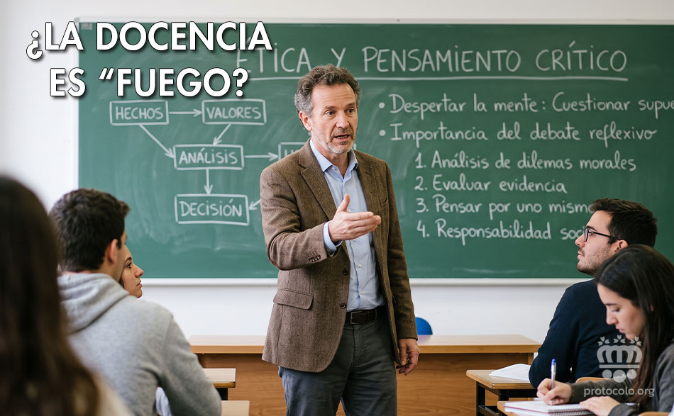 La docencia es fuego La enseñanza requiere inspirarse en iguales expresiones. La 'docencia es fuego' porque no se limita a impartir una asignatura