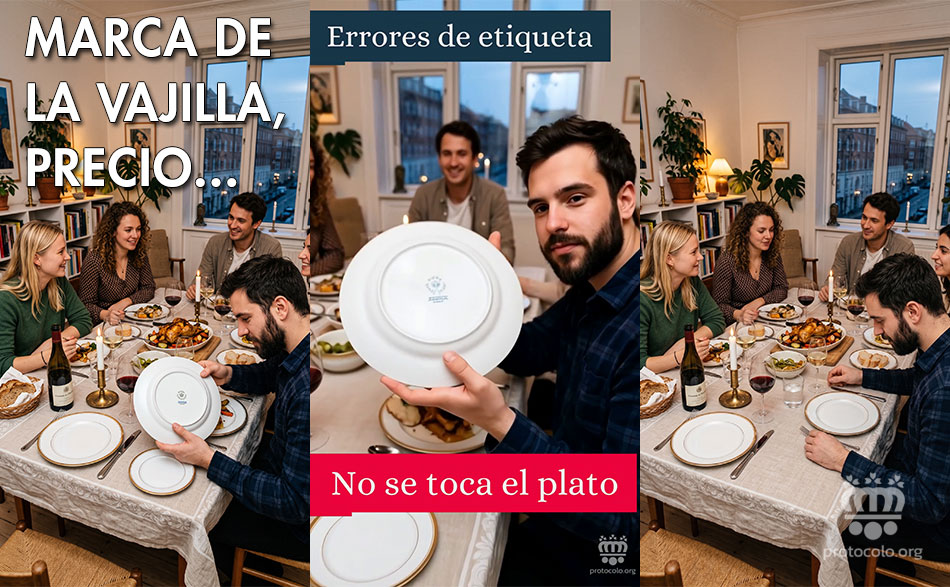Los platos en la mesa no se tocan y se sacan de su sitio. Si quieres saber la marca de la vajilla, preguntas a los anfitriones