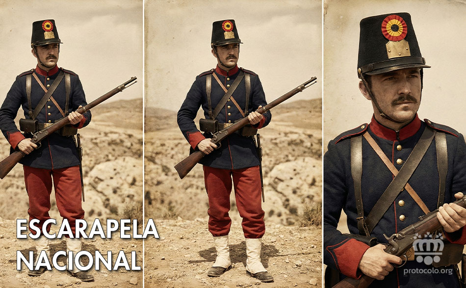 La escarapela nacional, Divisa de uno o más colores, en forma de rosa o lazo y otras El uso de la escarapela roja es un recuerdo de la Casa de Borbón
