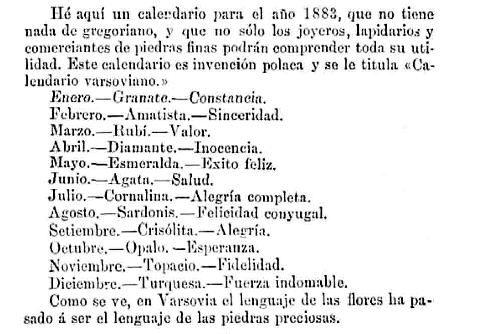 Calendario de las piedras preciosas según el periódico quincenal 'La Guirnalda'. 1882