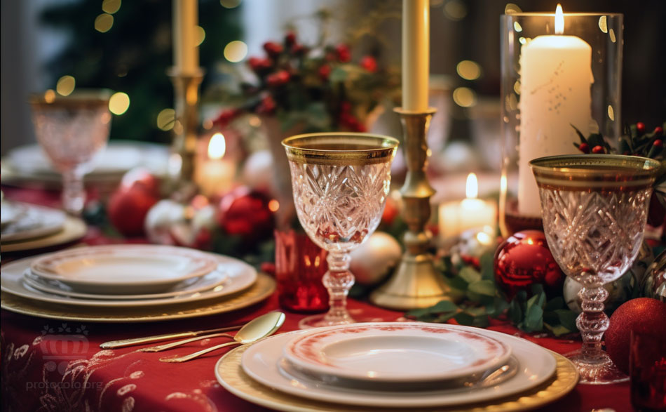 Una mesa de Navidad con unas copas de cristal con filete dorado queda muy elegante