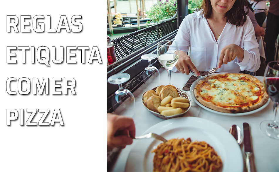 Una mujer como su pizza utilizando los cubiertos
