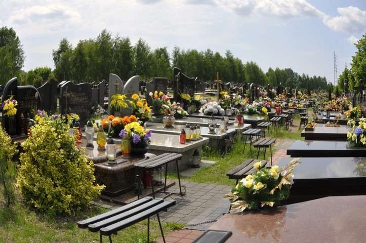 Cementerio y tumbas con flores